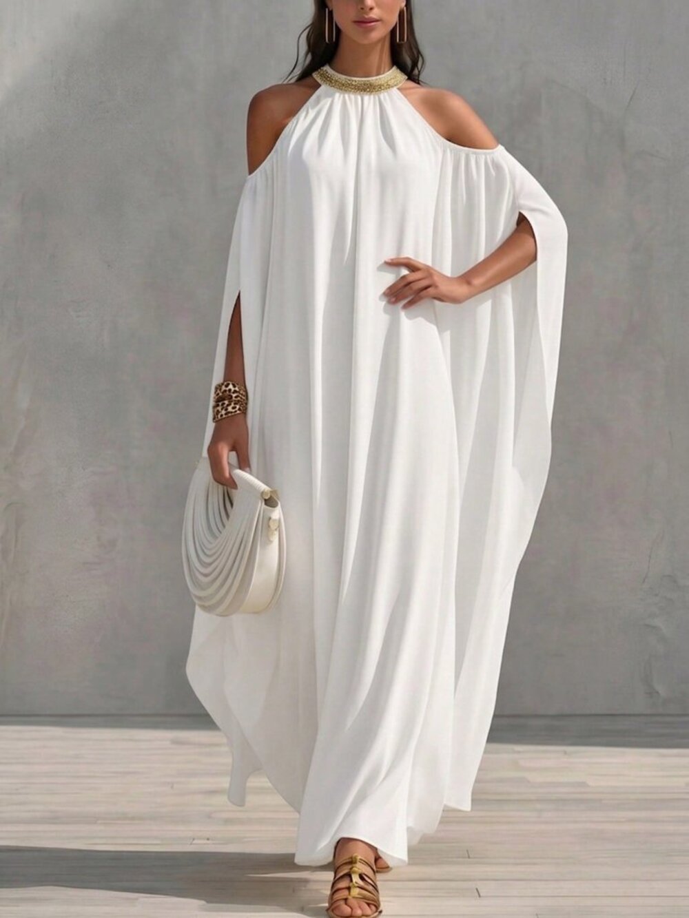 White Boho Women's Cold Shoulder Sequin Decor V-Neck Slit Long Sleeve Dress